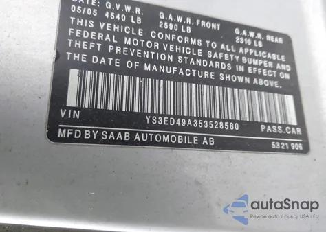 2005 Saab 9-5 Arc z USA, uszkodzony, nr VIN YS3ED49A353528580